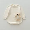 Cute baby knit romper with adorable bear pocket detail, soft cotton long sleeve bodysuit. - 66cm / Off White