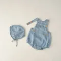 Süßes Baby Jeans Strampler und Sonnenhut Set, leichte Baumwoll Sommerkleidung für Neugeborene. - 80cm / Set / Hellblau