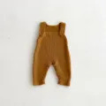 Cozy knitted baby romper overalls, soft caramel brown infant autumn clothing, cute baby crawling suit. - Yellow