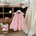Pink sleeveless toddler girl dress detail showing cute 3d bows and layered mesh skirt. - 90cm / Pink
