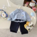 Completo bambina camicia a maniche lunghe a quadri blu e pantaloni lunghi autunno - 73cm / Sopra e Sotto