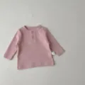 Infant pink ribbed long sleeve t-shirt, cute baby crewneck button top for autumn wear. - Pink / 66cm