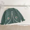 Baby green knitted cardigan, cute floral embroidery long sleeve cotton baby sweater coat. - 66cm / Green