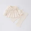 Spring toddler girls clothing set cute lace collar blouse and ribbed flare pants outfit - 73cm / Apricot