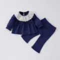 Cute toddler girl long sleeve blouse with lace collar and wide leg pants set for spring. - 73cm / Blue