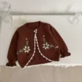 Baby brown knitted cardigan with floral embroidery and white ruffles, infant cute knit sweater top. - 66cm / Brown