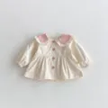 Cute baby girls autumn long sleeve cotton top with pink ruffled collar and front buttons. - Apricot / 73cm