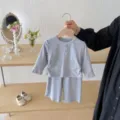Cozy baby ribbed long-sleeve top and shorts two-piece set in light grey for adorable toddlers. - 73cm / Top And Bottom / Gray