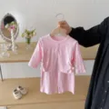 Baby girl pink ribbed long sleeve top and shorts set detail, soft fabric, cute toddler outfit. - 73cm / Top And Bottom / Pink