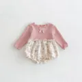 Infant baby girl long sleeve romper, waffle knit top with floral balloon pants and bow detail. - 66cm