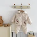 Toddler winter warm fleece-lined quilted cotton jacket and pants set with bear pockets. - 73cm / Top And Bottom / Apricot