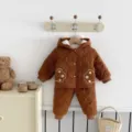 Baby winter fleece lined hooded puffer jacket and pants set, warm toddler two-piece outfit. - 73cm / Top And Bottom / Brown