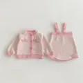 Cute infant baby girl pink checkered tweed cardigan jacket and suspender skirt outfit. - 80cm / Top And Bottom / Pink