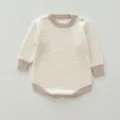 Infant knit ribbed romper long sleeve baby bodysuit detailed view in elegant beige color - 66cm / Off White