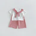 Toddler summer clothing set with striped sailor collar short sleeve t-shirt and shorts. - 73cm / White