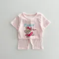 Delizioso completo neonata t-shirt e pantaloncini rosa a costine con orsetto, estate comoda. - 66cm / Parte Superiore e Parte Inferiore / Rosa