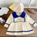 Detailed view of the cute girls sailor knit dress and matching beret detail showcase. - 73cm / Apricot