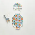 Kids floral one-piece swimsuit and matching cap set, cute baby summer beach swimwear. - 100cm / Purple