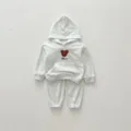 Infant cotton hooded tracksuit detail showing embroidered bear motif and soft grey fabric. - 73cm / Top And Bottom / Heather Grey