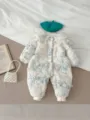 Baby winter thick warm romper, cute floral quilted design with lace collar, cozy outfit. - 66cm / Jumpsuit / Blue & White