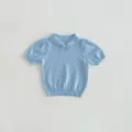 Detailed view of baby girl short sleeve knit top, hollow-out texture and cute collar bow. - 73cm / Tops / Grey Blue