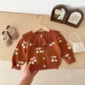 Infant toddler baby girls knit cardigan detail, cute cherry print knitwear, lapel collar. - 66cm / Brown