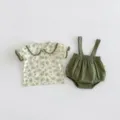 Cute baby girls floral doll collar top and green strap bloomers summer clothing set. - 66cm / Top And Bottom / Green