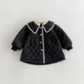 Details of black quilted baby toddler coat with chic white collar and buttons for winter season - 73cm / Black