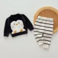 Ensemble pyjama chaud hiver bébé mignon dessin animé pingouin pull et pantalon rayé - 73cm / Noir