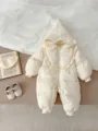 Infant winter quilted hooded jumpsuit baby warm down rompers cute floral snowsuit - 66 / Creamy Apricot