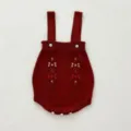 Baby knit romper detail view, deep red strap bodysuit with cute diamond embroidery flowers. - 100cm / Red-Orange Rompers