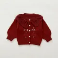 Baby knit cardigan detail, dark red toddler sweater, cute ruffle collar, fine floral embroidery. - 66cm / Red-Orange Jackets