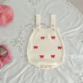 Cute baby knitted romper with red bow embroidery, soft cotton strap bodysuit for infant girls. - 66cm / Suspenders Romper