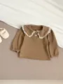 Infant baby long sleeve top lace collar brown shirt detail view cotton fabric cute toddler clothing - Khaki Top / 66cm
