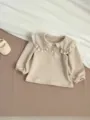 Infant baby girl long sleeve top with lace Peter Pan collar and waffle texture fabric. - Beige Top / 66cm