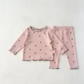 Infant baby girls autumn long sleeve polka dot ribbed cotton pajama set with lettuce edge. - 66cm / Top And Bottom / Dark Pink Polka Dots
