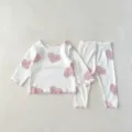 Infant ribbed cotton long-sleeve top and pants set with cute heart prints and lettuce hem. - 66cm / Top And Bottom / White Heart