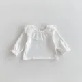 Top blanco de manga larga para bebé con cuello de encaje con volantes camisa de algodón - 66cm / Top con volantes
