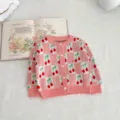 Baby pink checkered cherry jacquard knit cardigan sweater toddler cute outerwear clothing item - 66cm / Cardigans