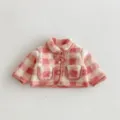 Pink and white checkered plush baby girl winter warm jacket detail with cute bow and buttons. - 73 / Tops / Pink and White Plaid