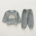 Grey baby sweatshirt and pants detail, cute rainbow patch, cozy cotton casual two-piece. - 73cm / Gray