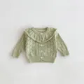 Baby knit cardigan detail, light green cotton hollow out sweater with ruffled collar. - 66cm / Green