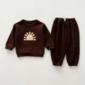 Toddler baby brown long sleeve sweatshirt and pants set with cute sun patch apparel. - 73cm / Dark Brown