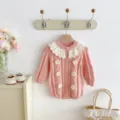 Baby girl pink knit romper with white lotus leaf collar and cute floral crochet long sleeve - 66cm / Pink