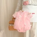 Cute baby girl pink cheongsam romper infant summer floral embroidery Chinese style bodysuit 80 - Pink