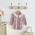 Baby girl knit romper long sleeve toddler infant winter bodysuit with lotus collar and flower - 66cm / Purple