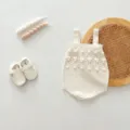 Knit baby romper set with hollow out details and matching shoes, cute vintage baby wear. - 66cm / Suspenders Romper