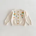 Infant baby knit cardigan sweater with floral embroidery and cute buttons for autumn wear. - 66cm / Beige