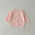 Baby girl pink knit cardigan, breathable pure cotton soft hollow out sweater coat for infant spring. - 80cm / Pink