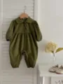 Baby girl floral lapel long sleeve romper detail, cute olive green infant crawler spring style. - 66cm / Green Floral